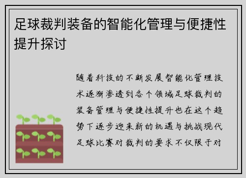 足球裁判装备的智能化管理与便捷性提升探讨
